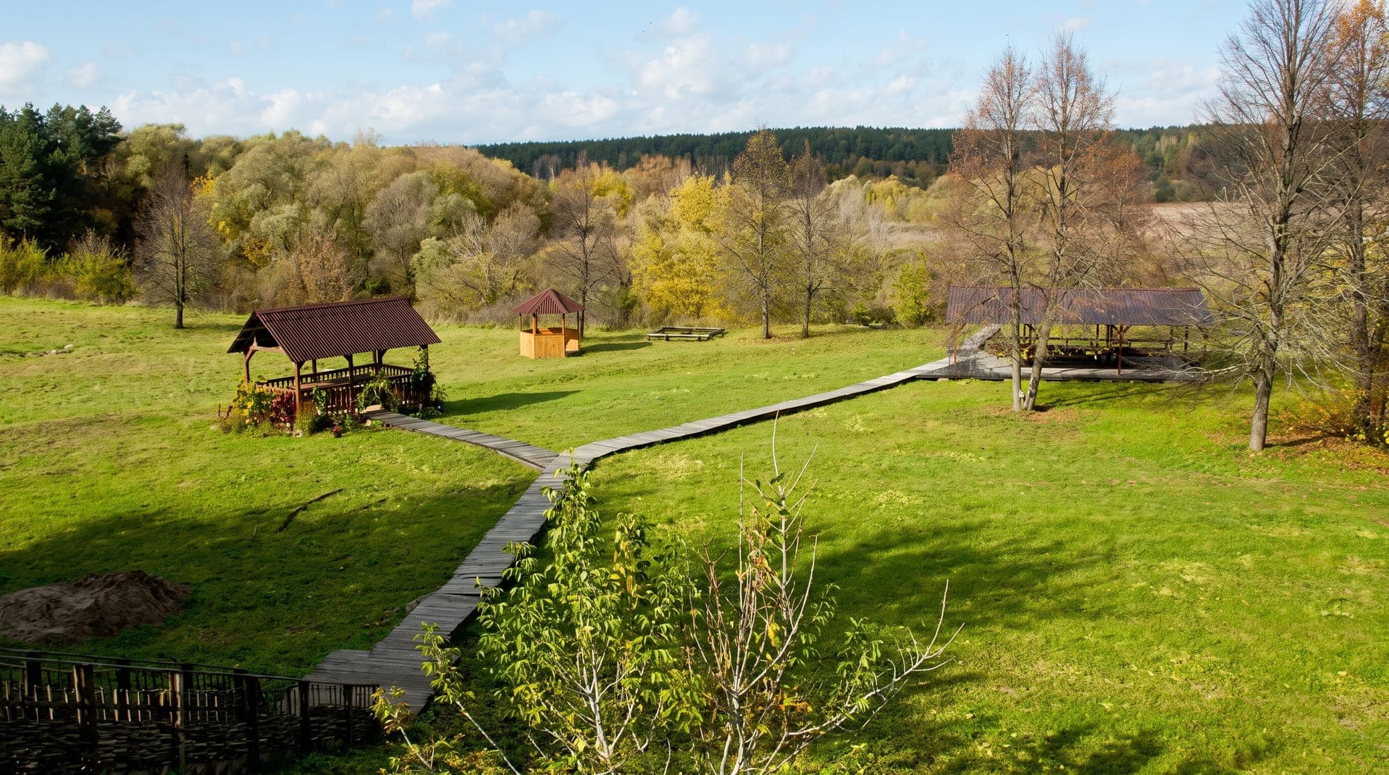 A clearing with a gazebo on the resort grounds