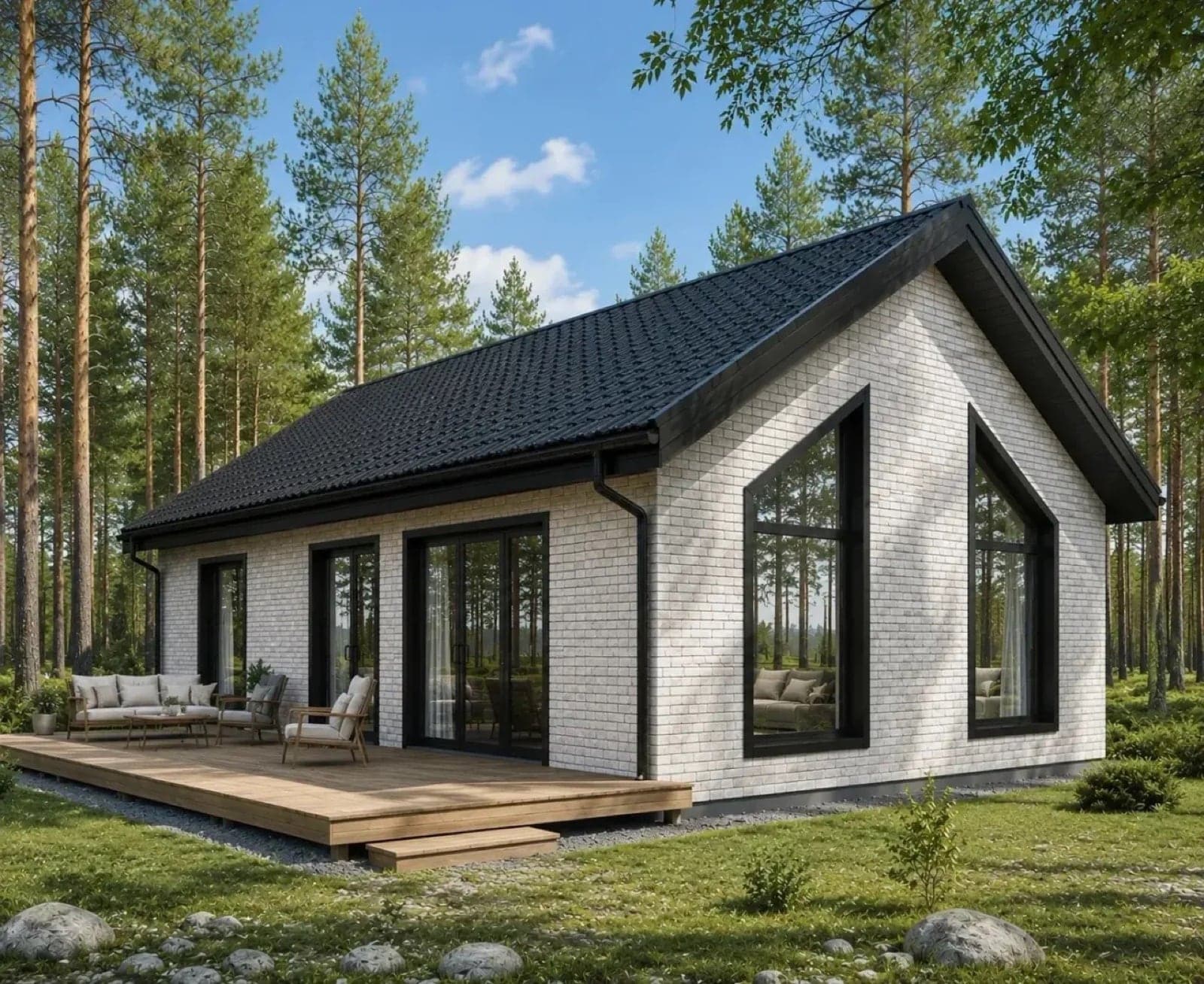 60 m² house: facade with floor-to-ceiling windows and a terrace