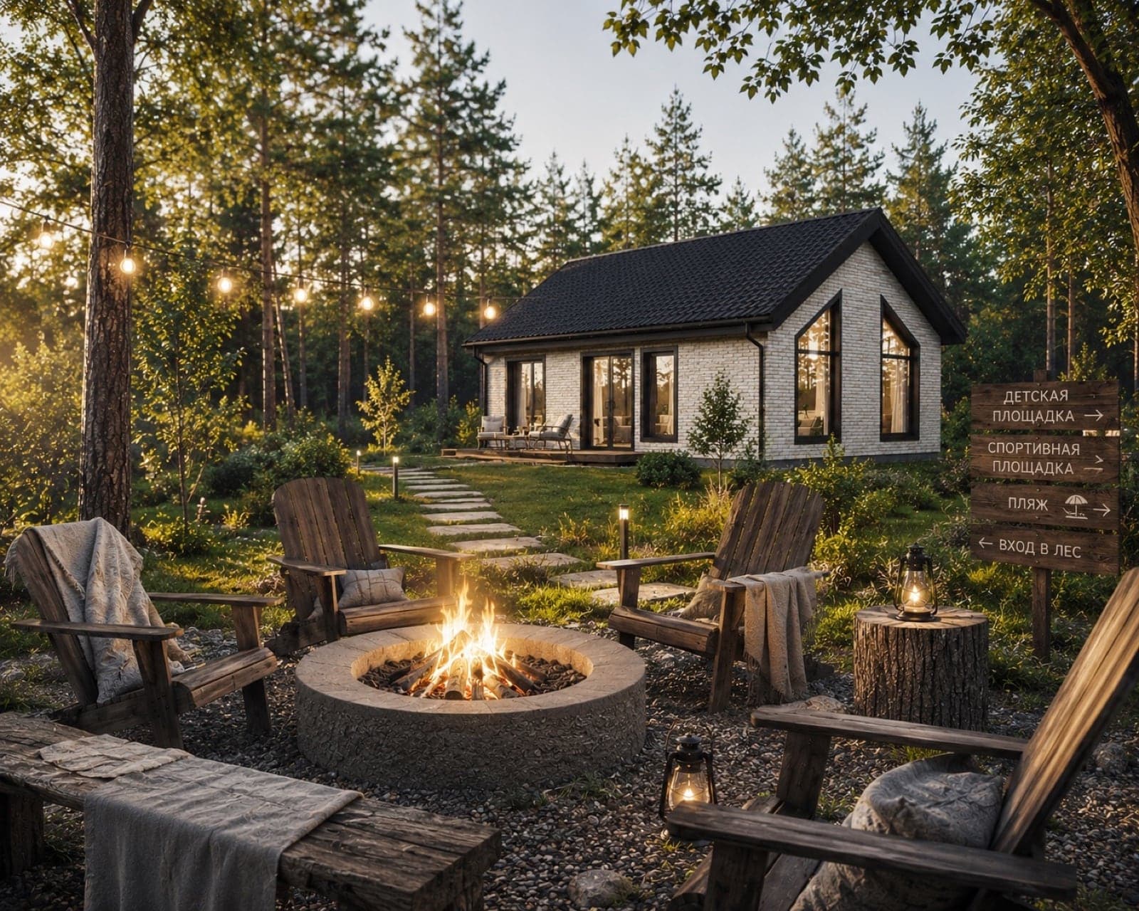 60 m² house in the evening: fire pit in front of the house